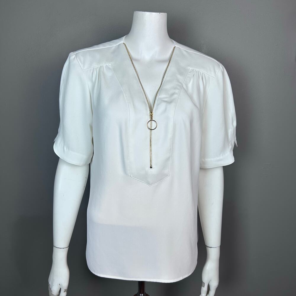 Trina Turk blouse top Large white short sleeve office summer coastal